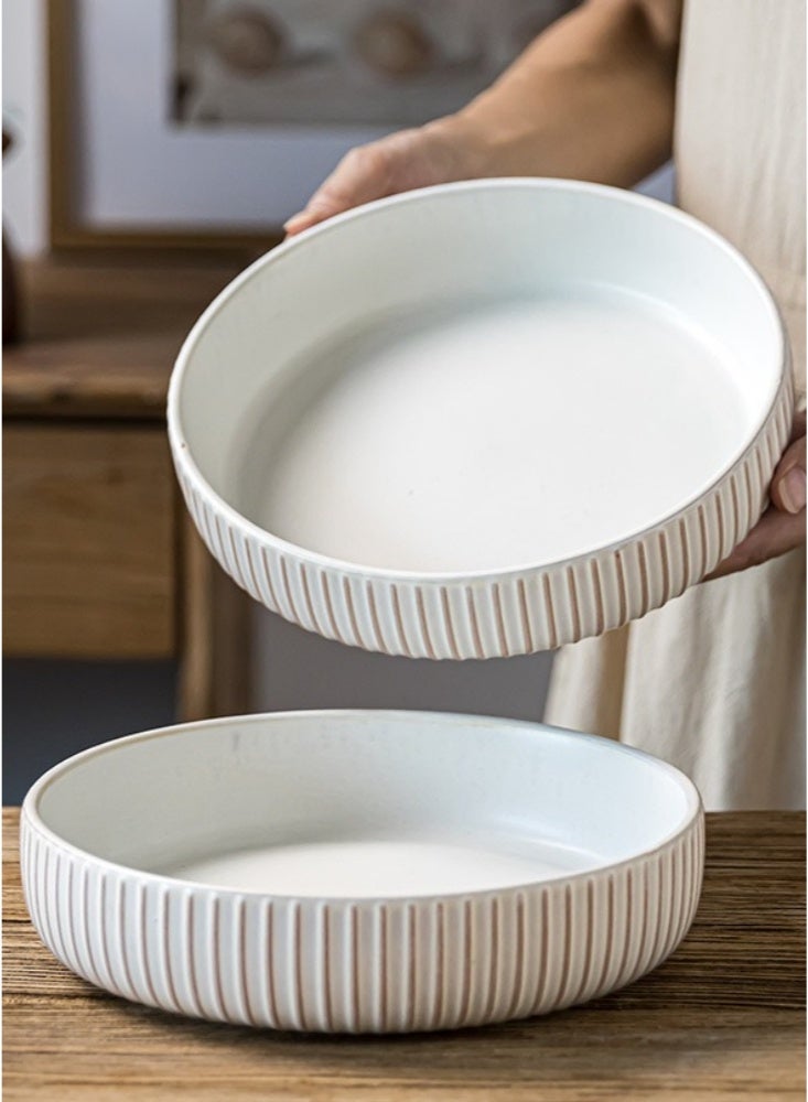 Set of 2 Ribbed Ceramic Deep Plates 8 Inch Matte White Shallow Bowls with Vertical Texture 1000ml Capacity Dishwasher & Microwave Safe Ideal for Pasta Salad and Modern Farmhouse Kitchen Tableware - Image 1